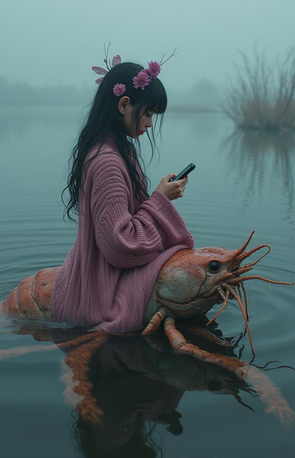 superb anime absurdres, highly detailed, high angle shot of a Unusual Upside down light weight Byzantine Pachamama of Love , she is riding a Shrimp