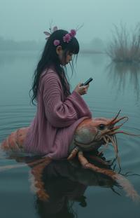 superb anime absurdres, highly detailed, high angle shot of a Unusual Upside down light weight Byzantine Pachamama of Love , she is riding a Shrimp