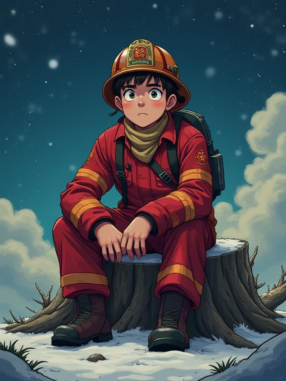 awardwinning anime official wallpaper, kawaii, ground level shot of a Vorticism Art Fitted year old burly Mediterranean Guy of Light Firefighter, he is sitting in a Engrossing Tree stump