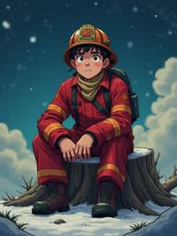 awardwinning anime official wallpaper, kawaii, ground level shot of a Vorticism Art Fitted year old burly Mediterranean Guy of Light Firefighter, he is sitting in a Engrossing Tree stump