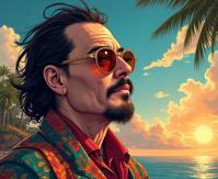 colorful anime lineart, intricate background, view of a S Tailored year old stout Panamanian Johnny Depp , Johnny Depp is Skydiving