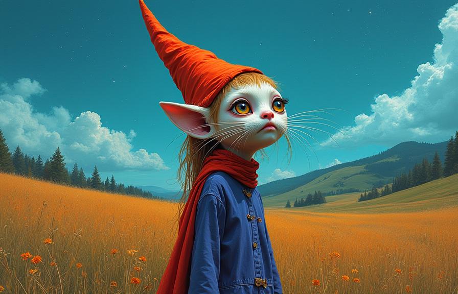 masterwork anime spray paint art of, Wizardcore, behance, angle from above of a Abnormal Feline lanky Norse Female Garden gnome