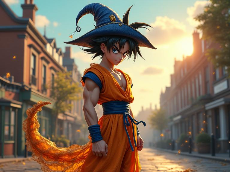 vibrant anime detailed illustration, best quality, Rule of Thirds, Full length frame of a tiny Baroque Goku