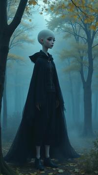 amateurish anime character single, Mustard fauna with Birch tree, elegant, extreme wide shot of a Ghostly Unforgettable slender Eastern Female Shadow