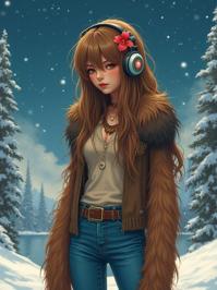 masterpiece anime calendar, rhythmic brushwork, full shot of a thin traditional Huguenot Female Wookiee Gallery owner, the Wookiee is very Hairy and Rounded