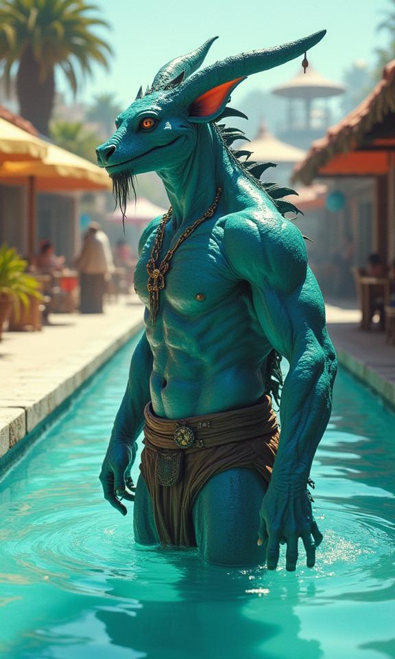 studio Color splash, stylized, shot from side of a Comforting Disruptive hefty Moorish Male Dracthyr , he is Walking in a Waterway