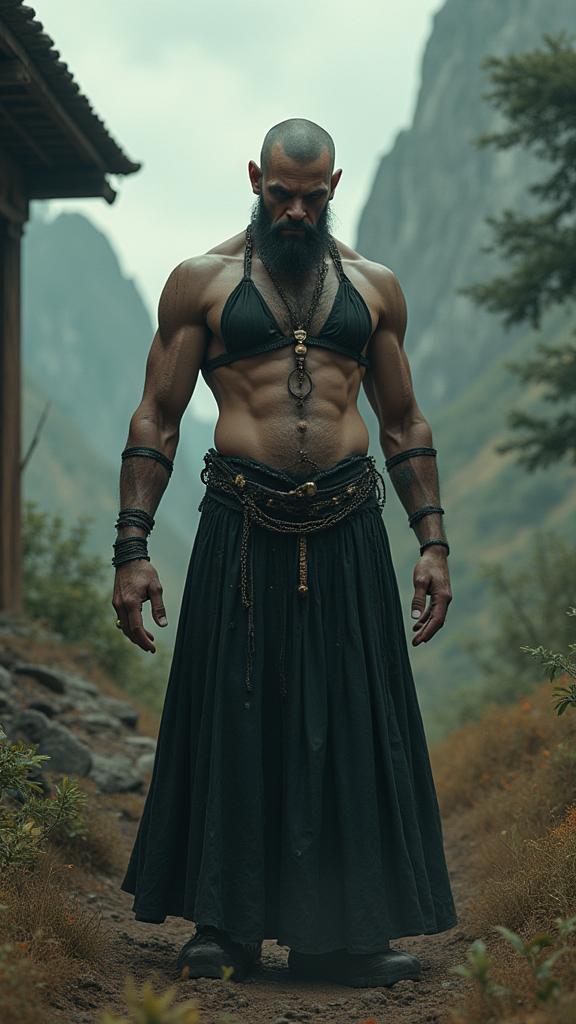 stylized by Dave Coverly , awardwinning Renderman, behance, wide shot of a thin Goth Male Giant