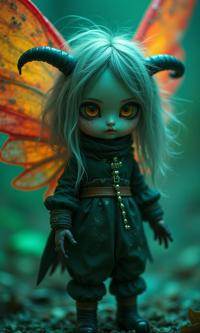 mundane Spray paint style, best quality, Sharp focus of a Winged Rainbow thick Antipatriarch Town crier Female Voidelf of Geometry doll hybrid, she is looking very evil