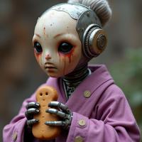 by Genndy Tartakovsky and Paul Corfield and Seth MacFarlane , masterwork Chemigram of a hyper detailed, Breathtaking Ancient rotund Yuan Dynasty Female Robot , she is eating gingerbread
