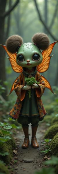 colorful D Rendering, Black theme , top down view of a Winged Stressed pear shaped figure Peasant Female Fairy , she is eating parsley