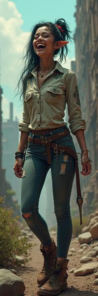 colorful Spray paint style, insane details, modelshoot style shot of a Post Punk Narrative burly Dark ages Airbender Female Elf , she is in a Mad Max setting
