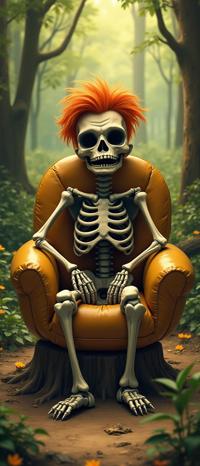 awardwinning Technical illustration, fairy tale, Portrait of a Black mouthed Dire beefy Rwandan Male Skeleton of Awe , he is sitting in a Cozy Inflatable chair