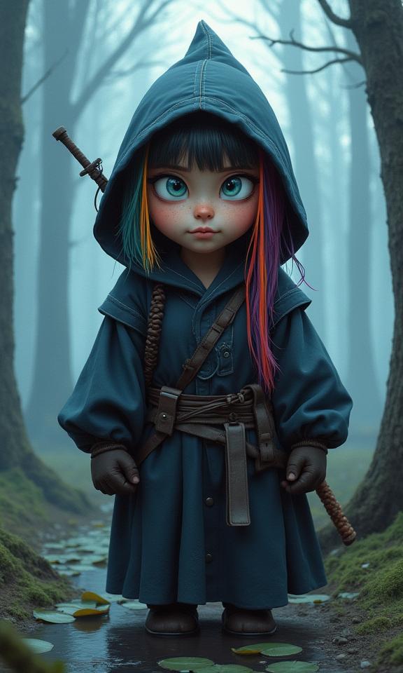 masterwork Drawing, intricate details, two shot angle of a Natural Inconsequential slight Sh wa Era Female Hobbit Gunnery Sergeant as a South Park series character, she is feeling very smug