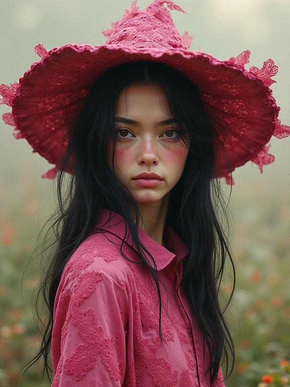 mundane Abstract, Lime green theme , full shot of an in a very Primordial deep pink Mayan Lace Windbreaker, tall Dark ages Female Faun