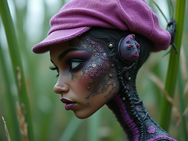 designed by Jack Davis and Lynda Barry and Max Fleischer , detailed art, superb Cosplay Photograph, lush reeds with Fungus
