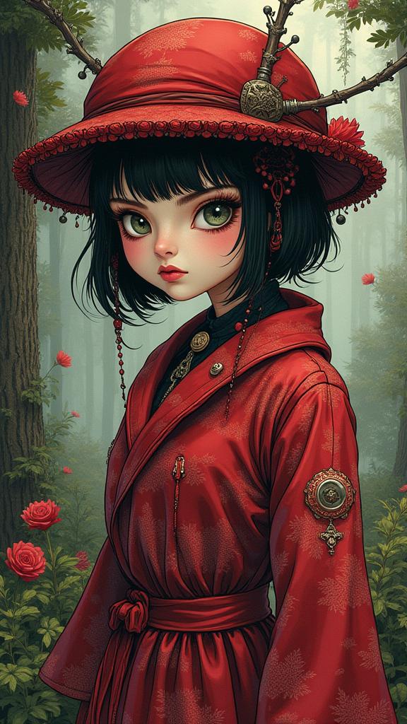 comics art stylized by Asaf Hanuka , superb Temari of an intricate details, in a very Profound deep red Elvish Lace and Velvet Jacquard Coat, hefty Peasant Female Dalek