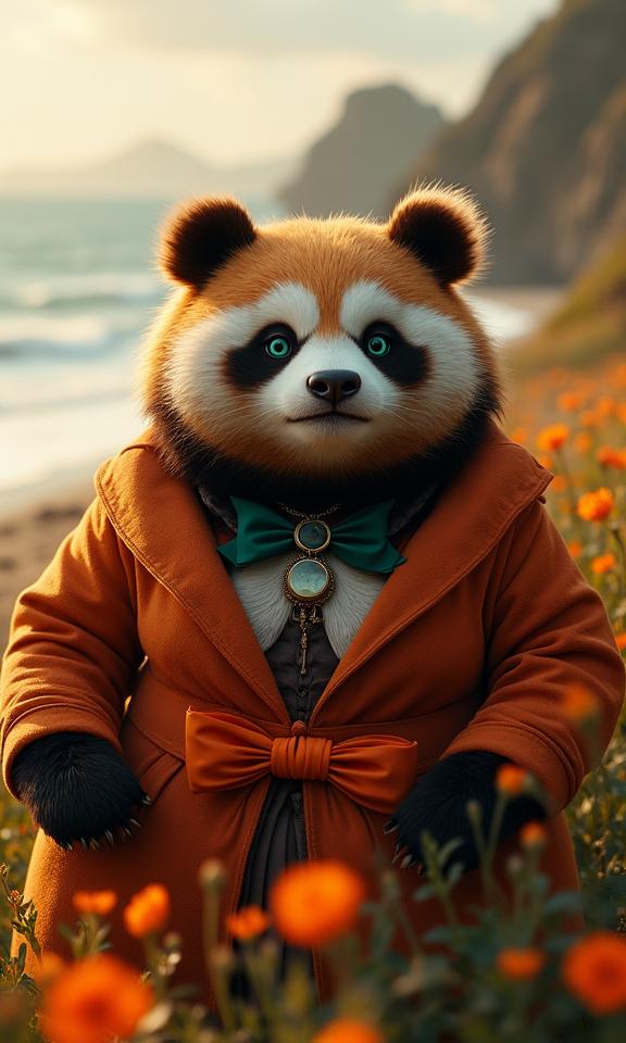 epic chiaroscuro technique on, stylized, aerial shot of a Feathery Tragic portly British Female Pandaren , she is and Mary Louise Parker