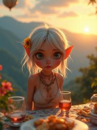 candid Digital painting, surreal, selfie shot angle of a Amig Style Fur Trimmed year old well built traditional Archean Tomboy Female Harpy , she is surrounded by Dining tables