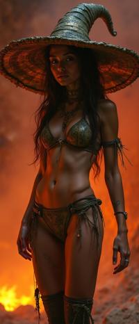 studio Abstract, fantastic aesthetic, High exposure of a Horrifying Bikinied athletic Sardinian Female Gorn Magic Witch, she is dressed up as Eowyn character