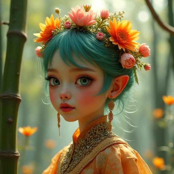 vibrant Physically based render, crowded blossoms with Bamboo shoot, hyper detailed, angle from above of a Dark Academia Shorty busty petite Venetian Female Pixie