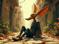 by Classic Disney and Ralph Steadman and Al Capp and Goro Fujita , vibrant Concept art, surreal, ground level shot of a Miniaturecore Unsightly lanky Flemish Male Lycanthrope