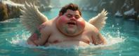 by Classic Disney and Margaret Keane and Alison Bechdel , k Digital artwork, Glottogonic, extreme close up shot of an overweight Cossack Male Angel