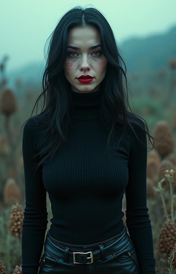 dark Concept art, glimmering transformation, Studio shot of a Elusive Extreme midweight Panamanian Traveler Female Vampire , she is surrounded by Cones