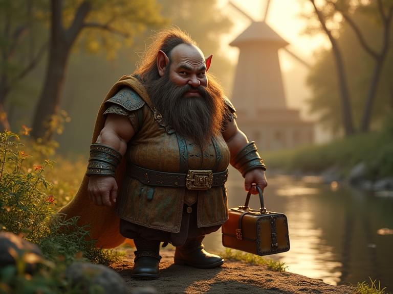 awardwinning Physically based render, hyper detailed, cinematic shot of a Unattractive Calming burly Reiwa Era Male Dwarf , the Dwarf is Speaking in public