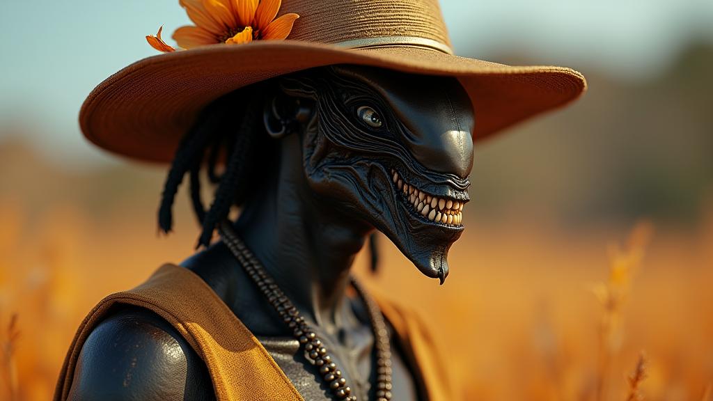 vibrant Physically based render, Dominican grass with Ash, hyper detailed, medium close up shot of an athletic Malian Male Xenomorph Bohemian