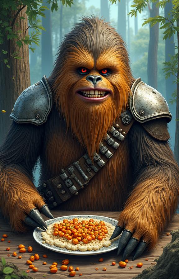 cartoon art by Jamie Hewlett and Sven Nordqvist , studio hyperrealistic, intricate background, high angle shot of a Resourceful Revealing year old tall Traditional Male Wookiee