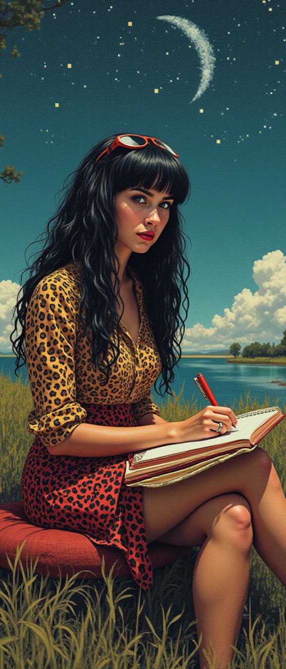 epic cross stitch of a glamourous, Unappealing Breathtaking midweight Vintage Female Predator , she is Writing, she is sitting in a S Outdoor cushion