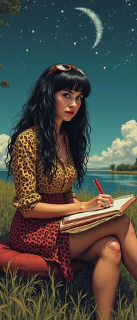 epic cross stitch of a glamourous, Unappealing Breathtaking midweight Vintage Female Predator , she is Writing, she is sitting in a S Outdoor cushion