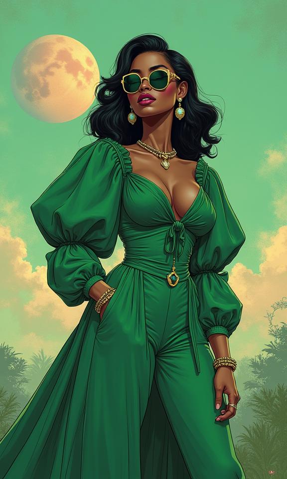stylized by Darwyn Cooke and Osamu Tezuka and Bruno Walpoth and Classic Disney , fantasy On pale deep green paper, surreal, Sharp focus of a Voyeuristic Aristocratic overweight Nigerian Female Drow of Structure