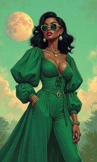 stylized by Darwyn Cooke and Osamu Tezuka and Bruno Walpoth and Classic Disney , fantasy On pale deep green paper, surreal, Sharp focus of a Voyeuristic Aristocratic overweight Nigerian Female Drow of Structure