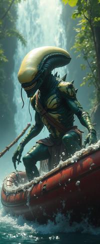 character art by Dreamworks and Heinrich Kley and John Lurie and Art Spiegelman , colorful Pastels artwork, intricate background, shot from side of a Alhambresque Ultrarealistic broad shouldered Vietnamese Male Xenomorph of Seasons
