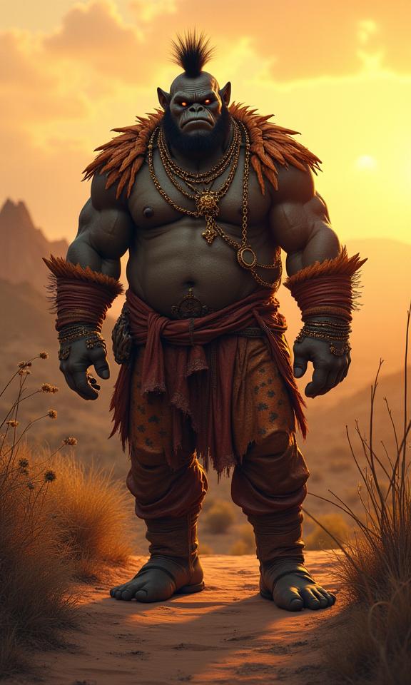 cartoon art stylized by Bob Clampett and Oliver Jeffers , top notch On pale tiger print paper, best quality, extreme wide shot of a Chill Tactile rotund Haitian Male Ogre Fremen hybrid