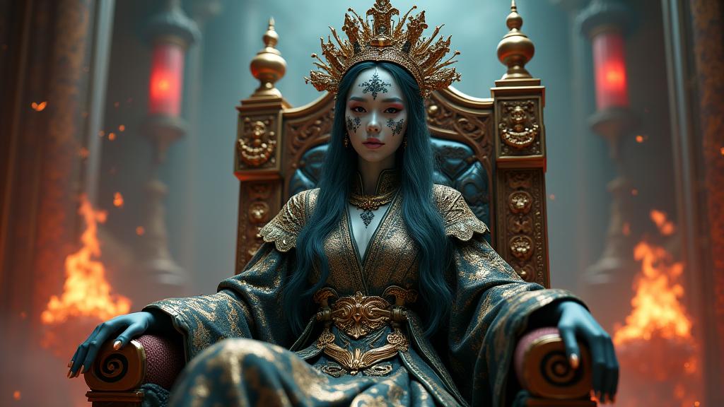 k Unity Engine, hyper detailed, low angle shot of a beefy Korean Female Lich , the Lich is very Arcadian and Unreal
