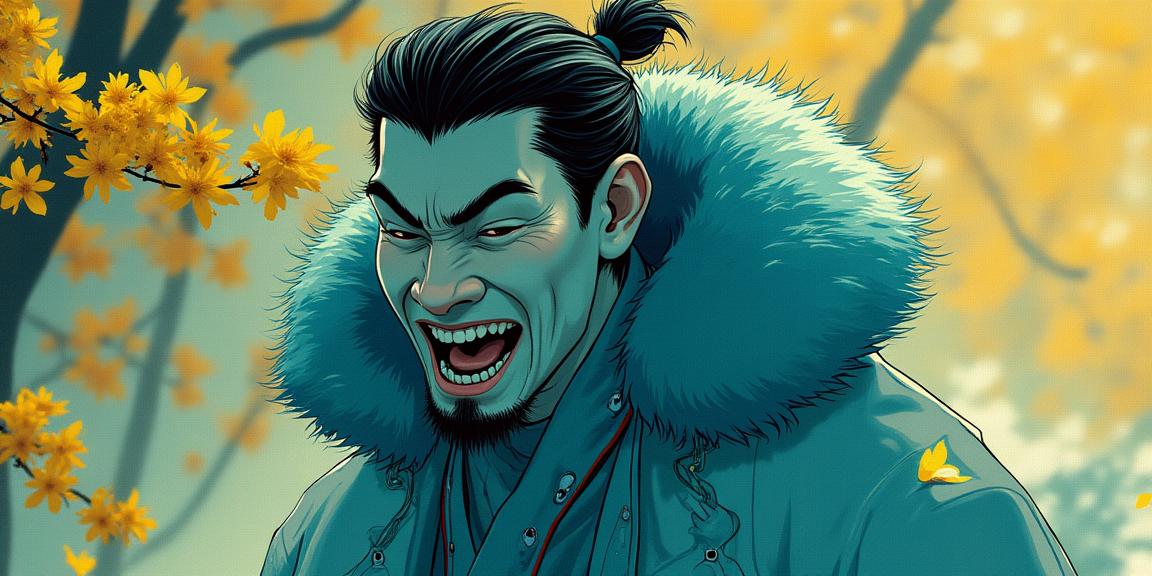 designed by Alex Toth and Carl Barks and Goro Fujita , dark On pale Beige paper, capturing the play of light and color, wide shot of a Atmospheric Fur Trimmed strong traditional Thai Chinese Calligrapher Male Ghost