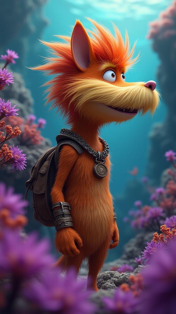 superb Digital artwork, fairy tale, side profile of a Voluminous Hardy skinny Argentinian Male Brownie , he is cosplaying as The Lorax