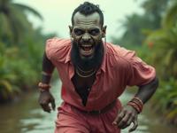 appealing Unity Engine, Neoclassicism, deep yellow theme , cinematic shot of a burly Masai Male Zombie