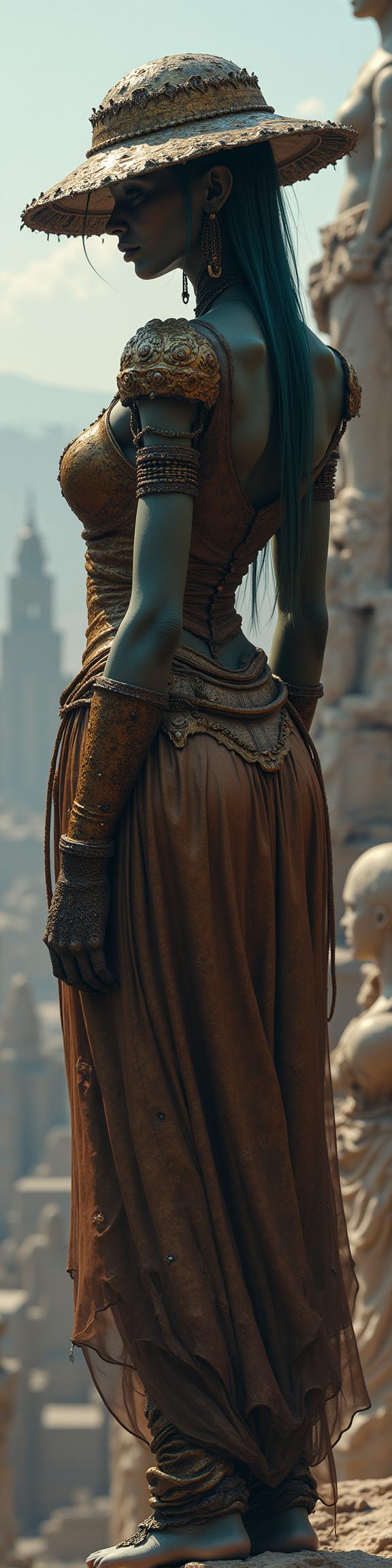 professional concept art, award winning, rear angle of a Glib Injured fat Australian Female Draugr Diplomat, she is wearing ancient greek Doom armor