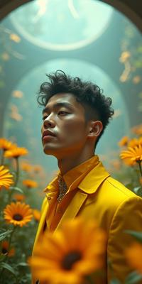studio Redshift render, dense flower field and space, majestic, angle from above of a Trendy Ancient well endowed Ragtime Male God