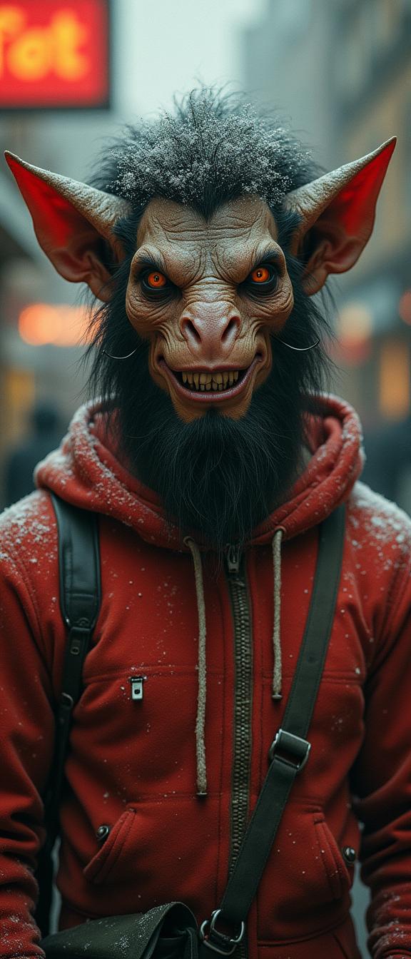 dark fresco art of an award winning, Teslapunk Anxious stocky Homeric Male Orc Fast Food Employee, he as Berber Demon, he has a very radiant smile