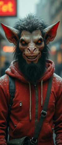 dark fresco art of an award winning, Teslapunk Anxious stocky Homeric Male Orc Fast Food Employee, he as Berber Demon, he has a very radiant smile
