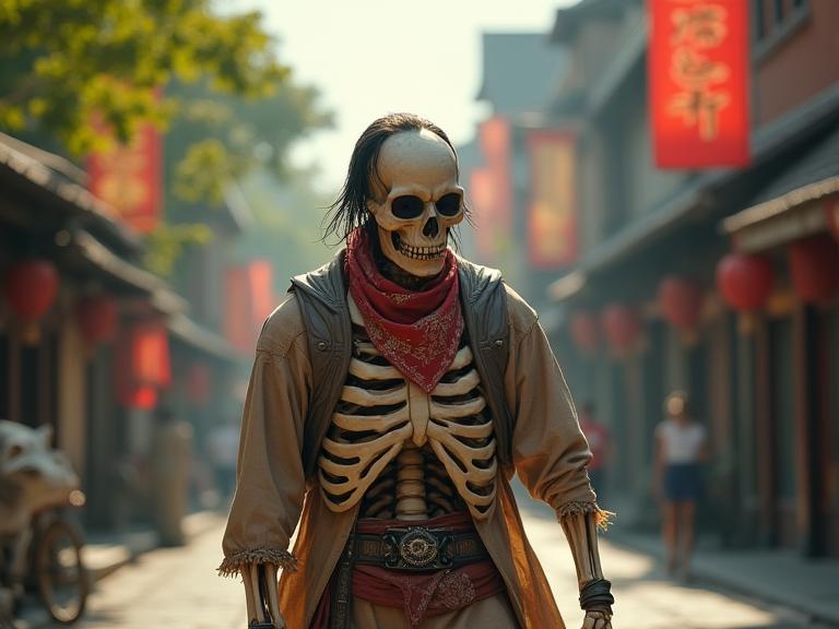 fantasy Cosplay Photograph, Wonder foliage and street, insane details, Aerial View of a Fascinating Foul well built Meiji Era Male Skeleton Shaolinn Monk