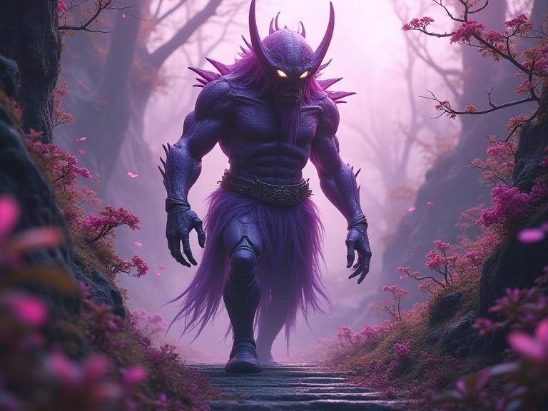 k Digital artwork, fantasy Renderman, dark Charcoal, Lavender and Blush fractals of a ripped Han Dynasty Male Beholder of Victory