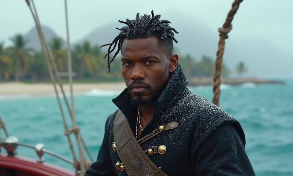 photograph, surreal, view of a Smooth Scenic small Nisei Jamie Foxx , he is wearing pirate costume tailored by Christopher Kane