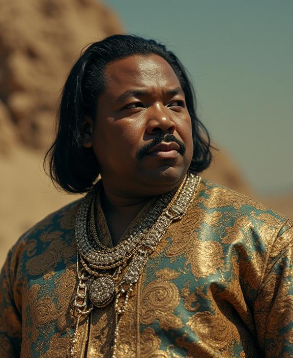 designed by Abbas Kiarostami and Kenji Mizoguchi and David Lynch , photograph, intricate background, Landscape of a fat French Martin Luther King Jr
