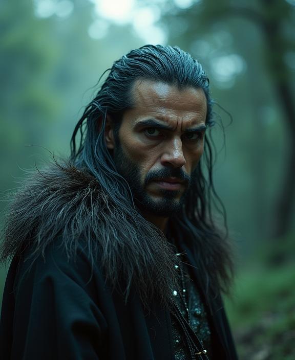 photograph, Witchcore, stylized, establishing shot of a Haunted Wavy strong Libyan Warrior Alberto Fern ndez as a Disney movie villain character