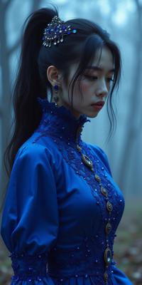 stylized by Russ Meyer and Modern Disney and Terry Gilliam and Ray Harryhausen , photograph, Golden ratio, body shot of a Sensual higher class small Regency Moon Jae in of Darkness